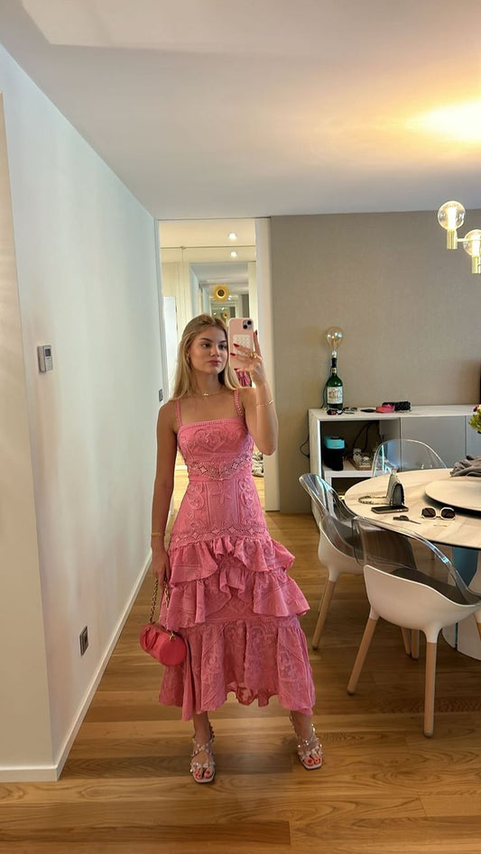 Vintage Pink Strap Sleeveless Lace Ankle Prom Dress Party Dress TP2391
