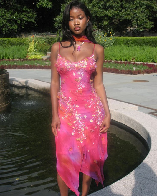 Spaghetti Strap Pink Sleeveless Floral Chiffon Ball Gown Party Dress TP2392