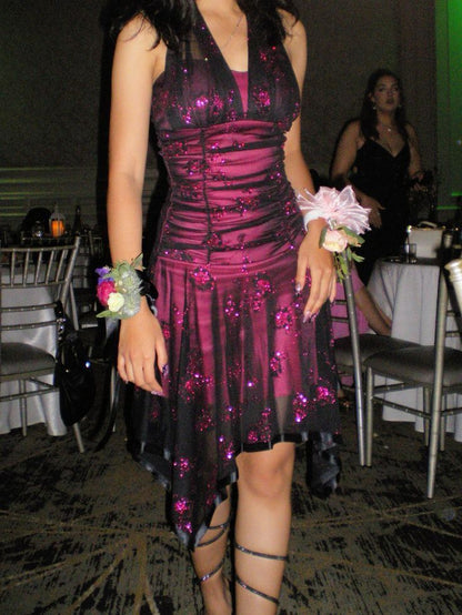 Vintage Pink Satin Halter Neck Sleeveless Sequin Short Ball Gown Evening Dress TP2394