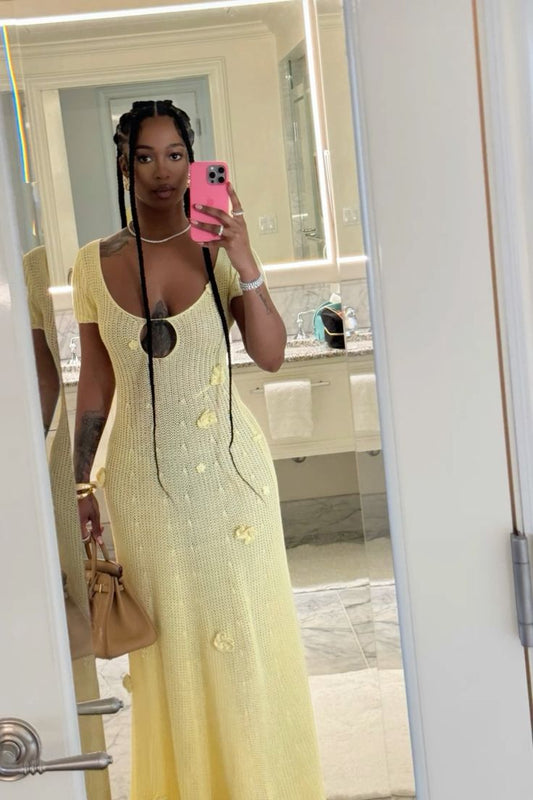 Sexy Light Yellow Short Sleeve Hollow Knitted Mermaid Floor Length Ball Gown Party Dress TP2406