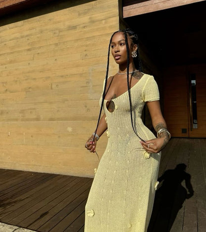 Sexy Light Yellow Short Sleeve Hollow Knitted Mermaid Floor Length Ball Gown Party Dress TP2406