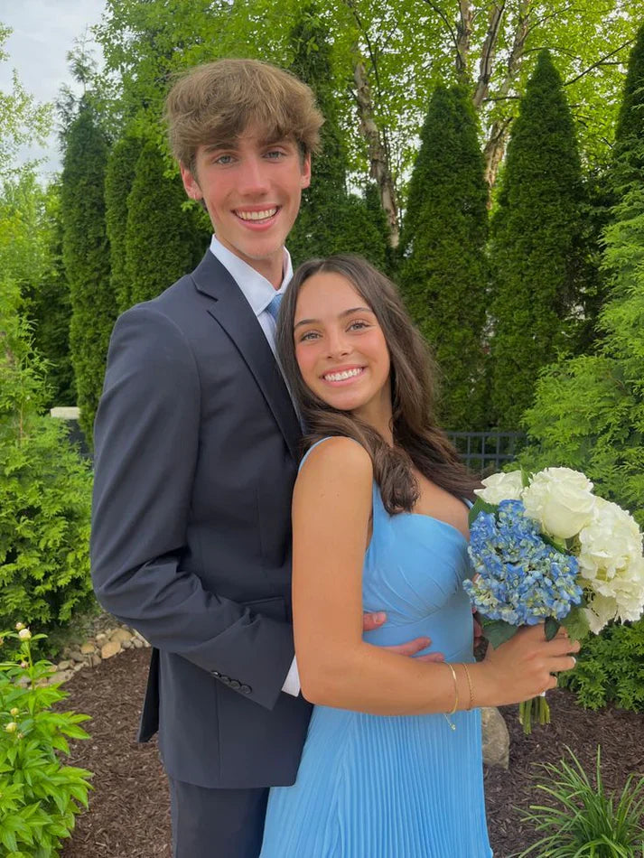 Elegant Blue Strapless Sleeveless Layered Pleated A-Line Ball Gown Bridesmaid Dress TP2407