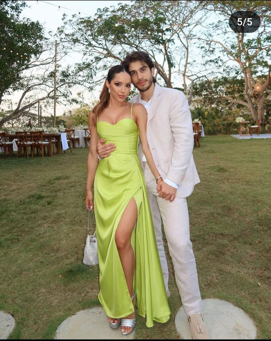 Elegant Green Spaghetti Strap Sweetheart Neck Satin Slit Long Prom Dress Bridesmaid Dress TP2411