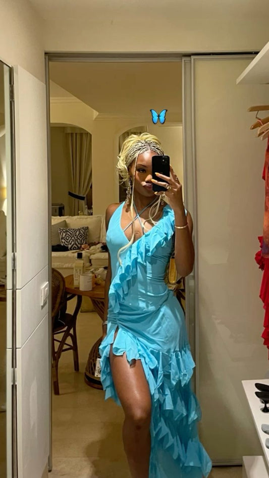 Sexy Blue Halter Neck Sleeveless Ruffle Slit Prom Dress Party Dress TP2413