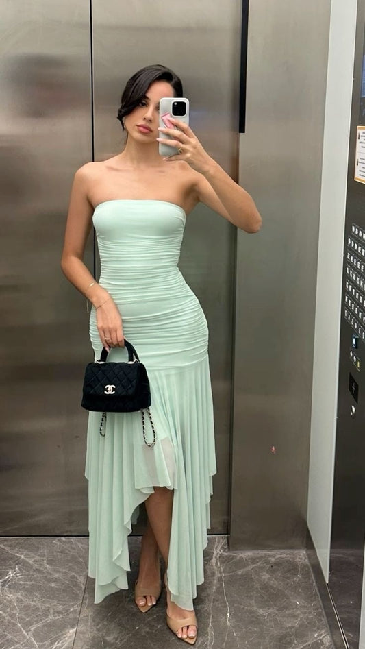 Elegant Green Strapless Chiffon Irregular Skirt Prom Dress Evening Dress TP2420