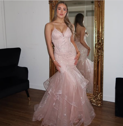 Shiny Pink Strap Mermaid Tulle Backless Ball Gown Evening Dress TP2421
