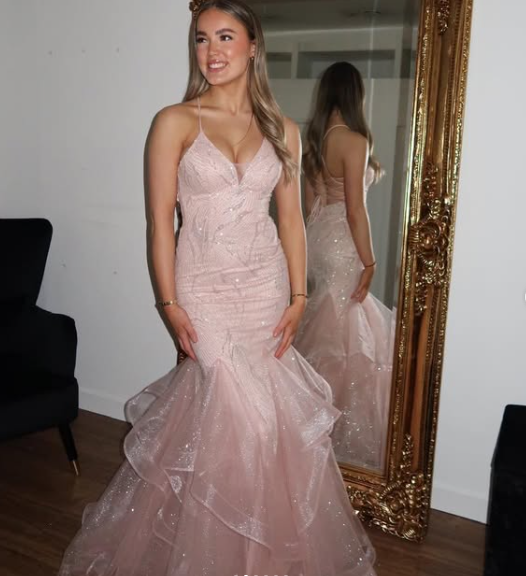 Shiny Pink Strap Mermaid Tulle Backless Ball Gown Evening Dress TP2421