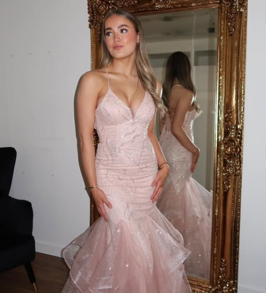 Shiny Pink Strap Mermaid Tulle Backless Ball Gown Evening Dress TP2421