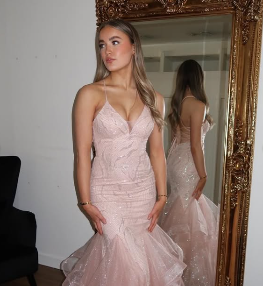 Shiny Pink Strap Mermaid Tulle Backless Ball Gown Evening Dress TP2421