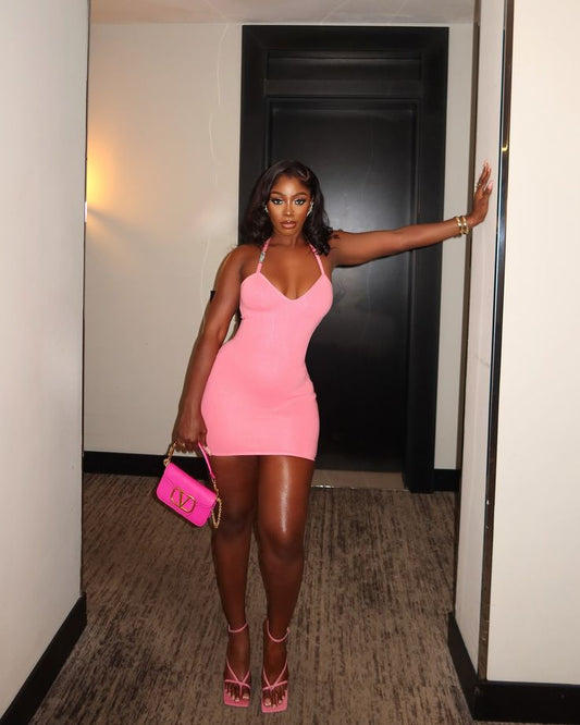 Sexy Pink Halter Neck Sleeveless Sleeveless Bodycon Mini Prom Dress Party Dress TP2425