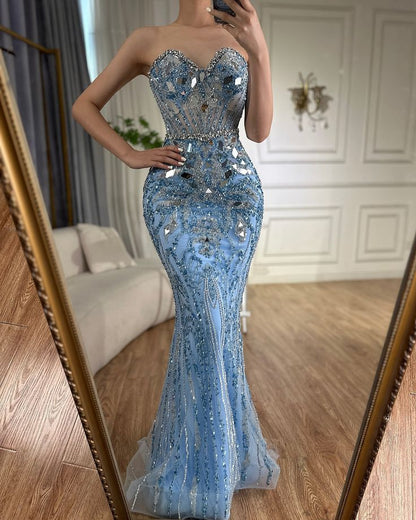Gorgeous Blue Strapless Sweetheart Neck Sequin Mermaid Long Prom Dress Evening Dress TP2427