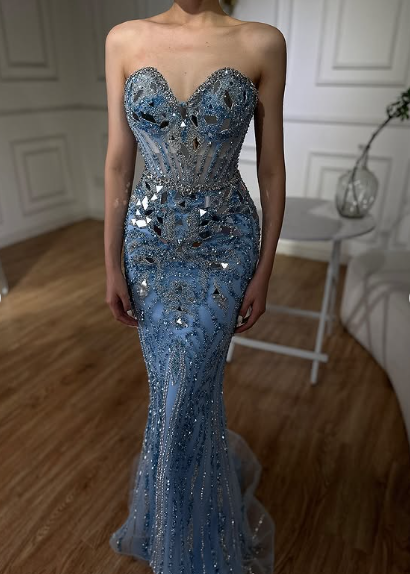 Gorgeous Blue Strapless Sweetheart Neck Sequin Mermaid Long Prom Dress Evening Dress TP2427