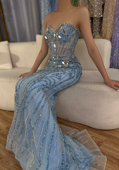 Gorgeous Blue Strapless Sweetheart Neck Sequin Mermaid Long Prom Dress Evening Dress TP2427