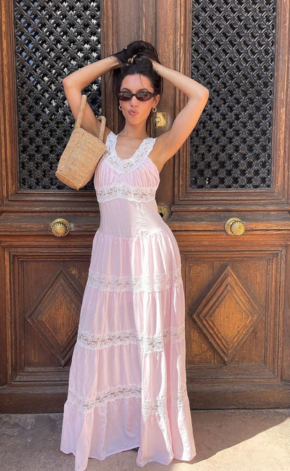 Round Neck Sleeveless Lace Sweetheart A-Line Pink Long Prom Dress TP2428