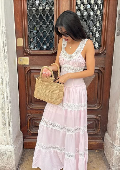 Round Neck Sleeveless Lace Sweetheart A-Line Pink Long Prom Dress TP2428