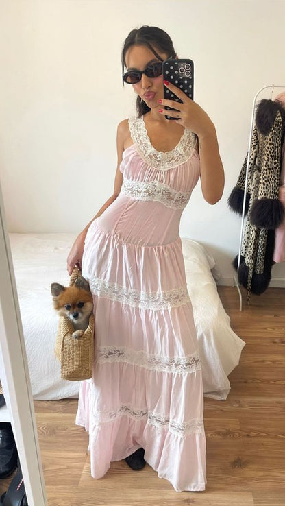 Round Neck Sleeveless Lace Sweetheart A-Line Pink Long Prom Dress TP2428