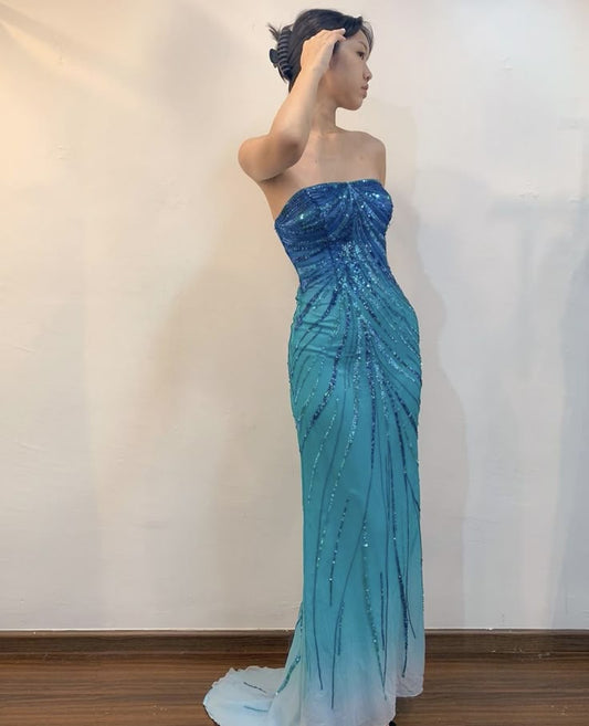 Elegant Gradient Blue Off-the-shoulder Sleeveless Sequined Mermaid Floor-length Ball Gown Evening Dress TP2436