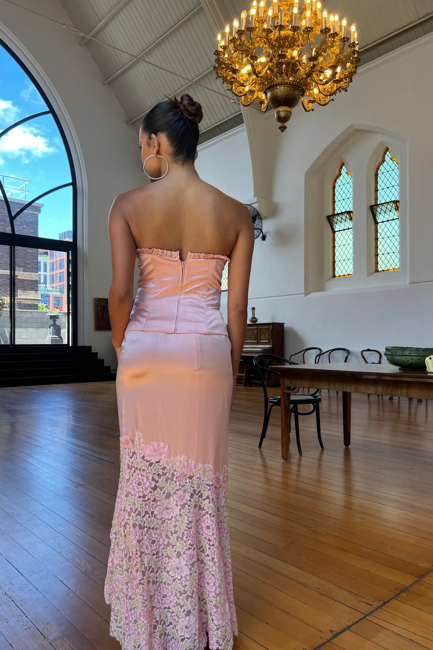 Vintage Pink Satin Sweetheart Neck Lace Mermaid Long Ball Gown Evening Dress TP2438