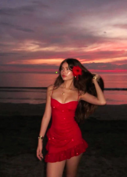 Sexy Spaghetti Strap Red Ruffle Short Prom Dress Party Dress TP2439