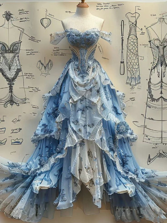 Vintage Blue Off-the-shoulder Sleeveless A-line Chiffon Long Prom Dress Evening Dress TP2443