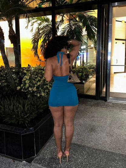 Sexy Blue Halter Neck Bodycon Short Prom Dress Party Dress TP2457