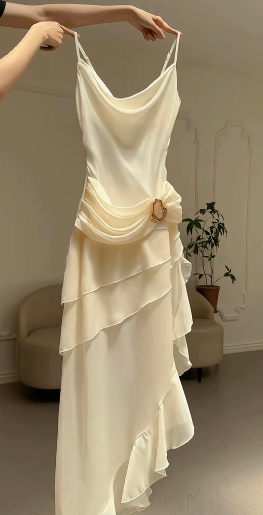 Elegant Champagne Chiffon Spaghetti Strap Ruffled Prom Dress Evening Dress TP2460