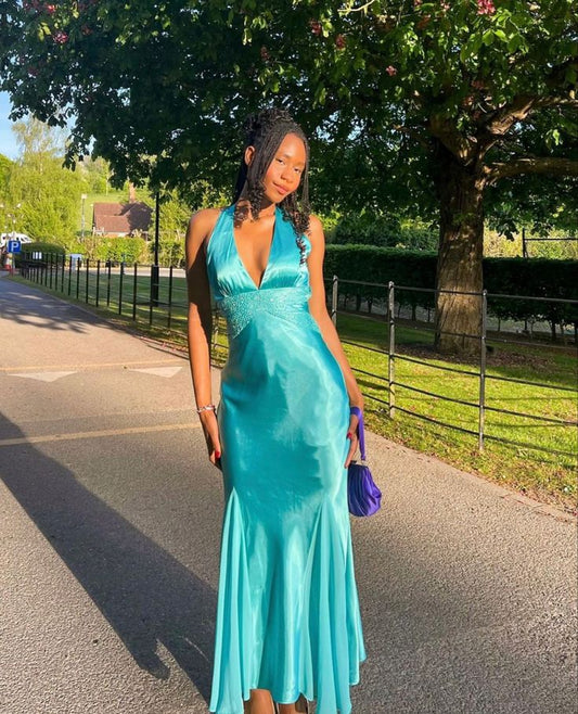 Simple Halter Neck Sleeveless Satin Mermaid Ball Gown Evening Dress TP2461