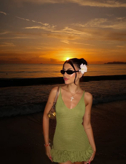 Chic Knit Green Spaghetti Strap Deep V Neck Sleeveless Mini Party Dress Homecoming Dress TP2462