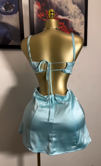 Chic Green Spaghetti Strap Waist Cutout Satin Backless Short Party Dress Homecoming Dress TP2478