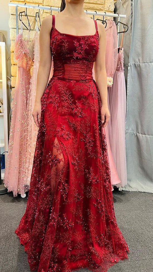 Gorgeous Burgundy Strap Beaded Sleeveless Long Ball Gown Evening Dress TP2482