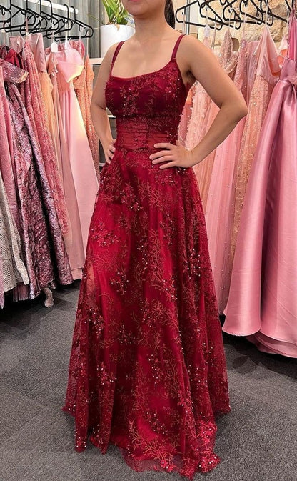Gorgeous Burgundy Strap Beaded Sleeveless Long Ball Gown Evening Dress TP2482