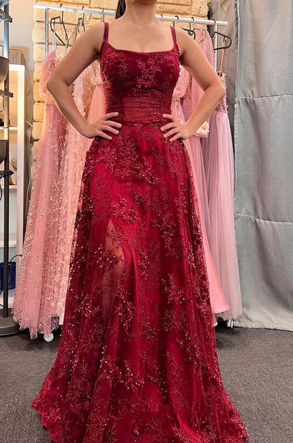 Gorgeous Burgundy Strap Beaded Sleeveless Long Ball Gown Evening Dress TP2482