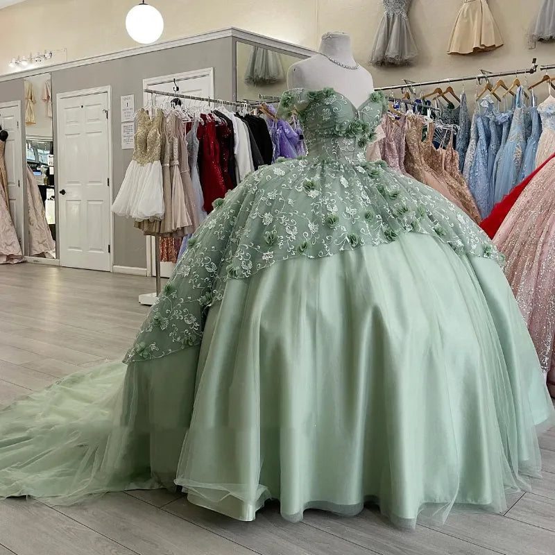 Gorgeous A-line Tutu Off-shoulder 3D Flower Strap Train Formal Prom Dress Evening Gown TP2486