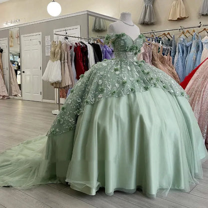 Gorgeous A-line Tutu Off-shoulder 3D Flower Strap Train Formal Prom Dress Evening Gown TP2486