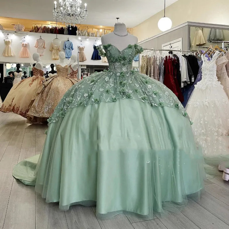 Gorgeous A-line Tutu Off-shoulder 3D Flower Strap Train Formal Prom Dress Evening Gown TP2486