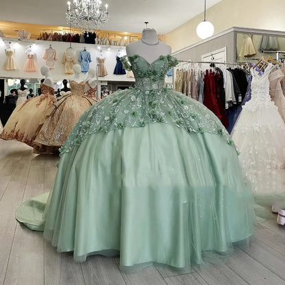 Gorgeous A-line Tutu Off-shoulder 3D Flower Strap Train Formal Prom Dress Evening Gown TP2486