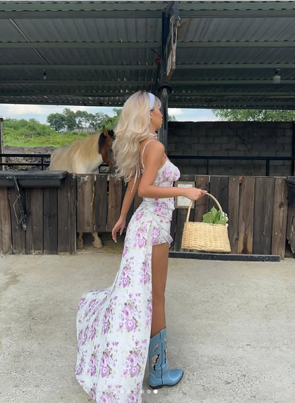 Printed Spaghetti Strap Sleeveless Chiffon High Low Prom Dress Party Dress TP2495