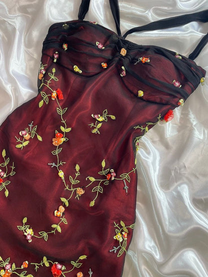 Sexy Burgundy Off-the-shoulder Sleeveless Embroidered Ball Gown Evening Dress TP2499