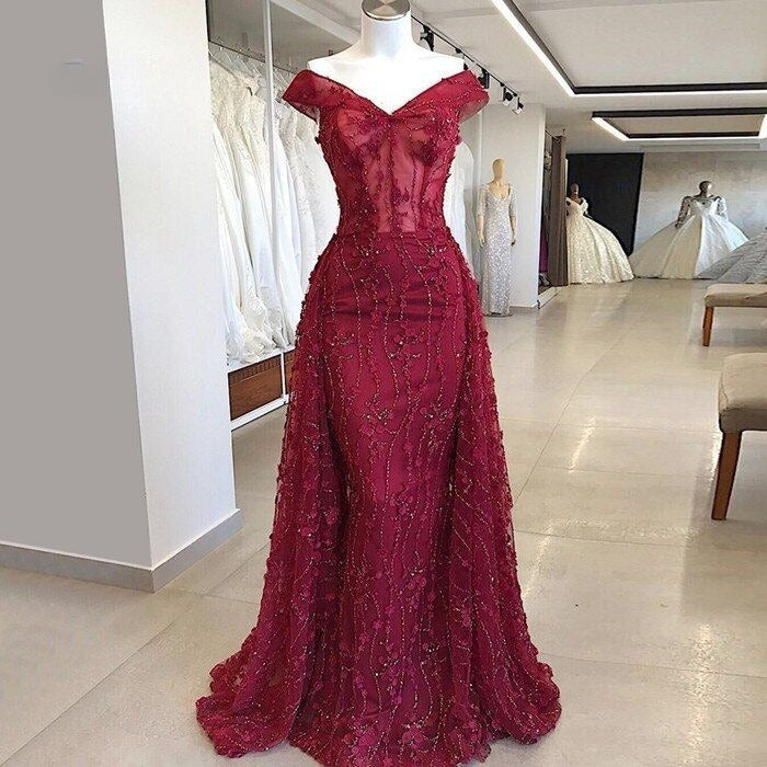 Sexy Red Off Shoulder V Neck Beaded Mermaid Long Ball Gown Evening Dress TP2500