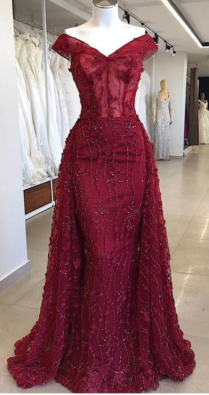 Sexy Red Off Shoulder V Neck Beaded Mermaid Long Ball Gown Evening Dress TP2500