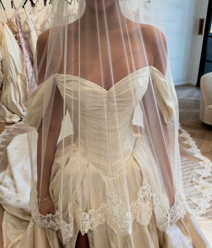 Elegant Ivory Satin Sweetheart Off-the-shoulder Design A-Line Floor-length Wedding Dress TP2501