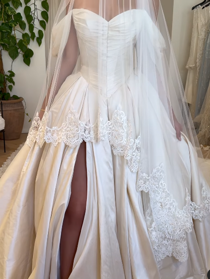 Elegant Ivory Satin Sweetheart Off-the-shoulder Design A-Line Floor-length Wedding Dress TP2501
