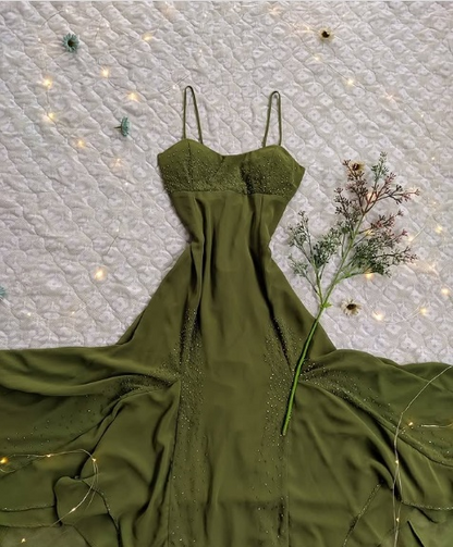 Soft Classic Strapless Sleeveless A-Line Green Beaded Chiffon Ball Gown Evening Dress TP2502
