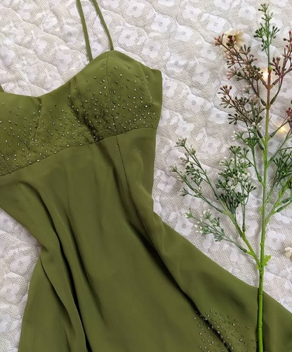Soft Classic Strapless Sleeveless A-Line Green Beaded Chiffon Ball Gown Evening Dress TP2502