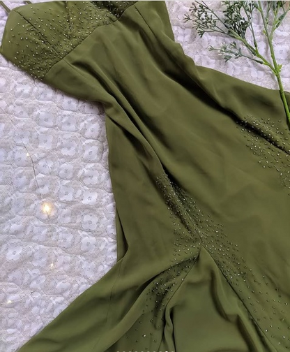 Soft Classic Strapless Sleeveless A-Line Green Beaded Chiffon Ball Gown Evening Dress TP2502
