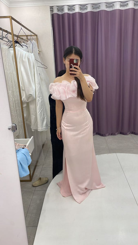 Elegant Pink Off Shoulder Mermaid Floor Length Formal Slit Prom Dress Evening Gown TP2508