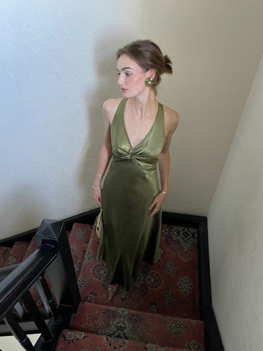Halterneck Elegant Green Backless Satin A-Line Prom Dress Evening Gown TP2509