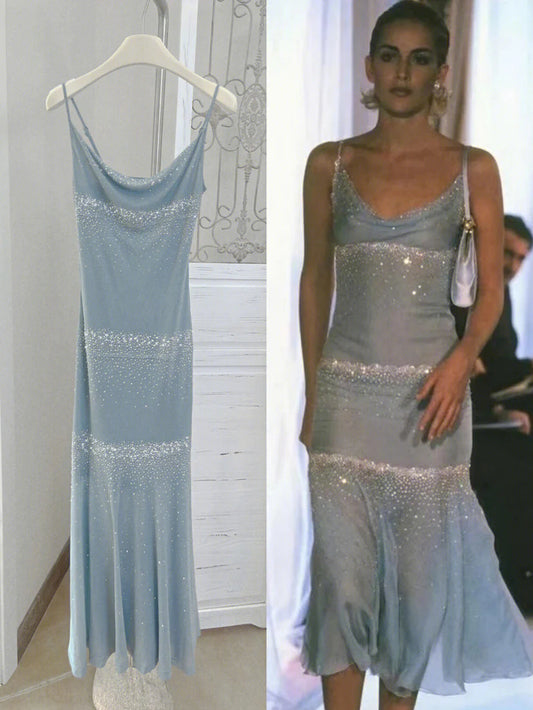 Spaghetti Strap Sleeveless Simple Blue Sequin Mermaid Prom Dress Evening Dress TP2510