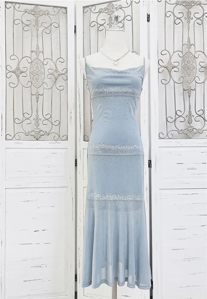 Spaghetti Strap Sleeveless Simple Blue Sequin Mermaid Prom Dress Evening Dress TP2510