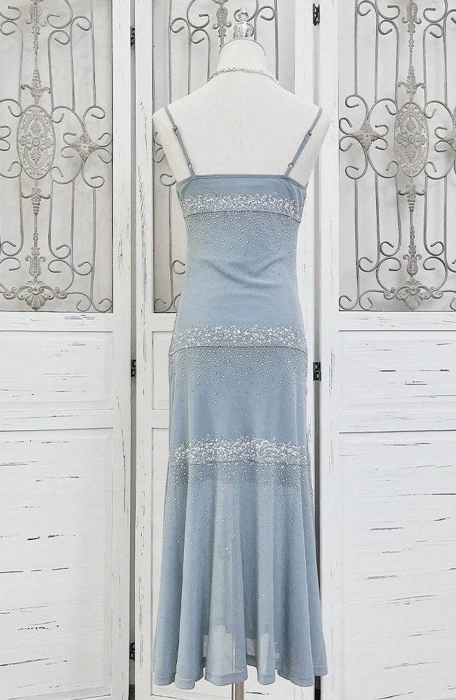 Spaghetti Strap Sleeveless Simple Blue Sequin Mermaid Prom Dress Evening Dress TP2510